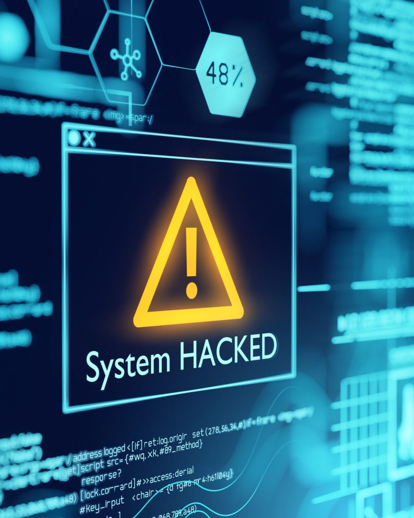 A computer popup box screen warning of a system being hacked, compromised software enviroment. 3D illustration.